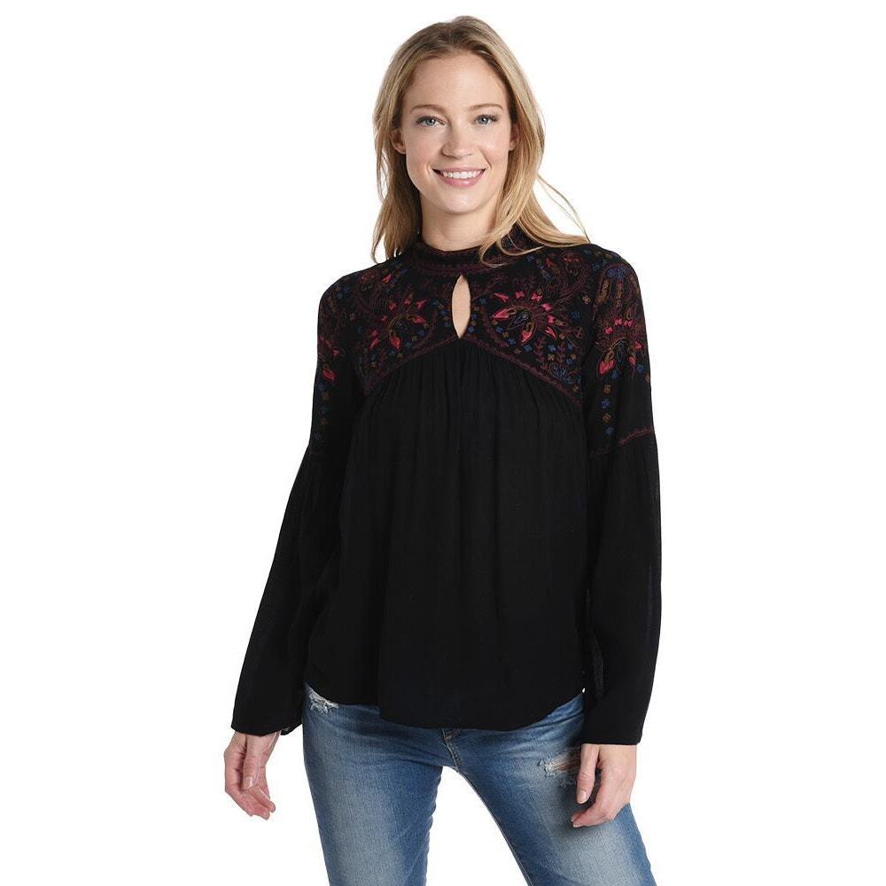 Parker Tahiti Blouse Small Bell Sleeve Keyhole Embroidered Boho Flowy Top Shirt